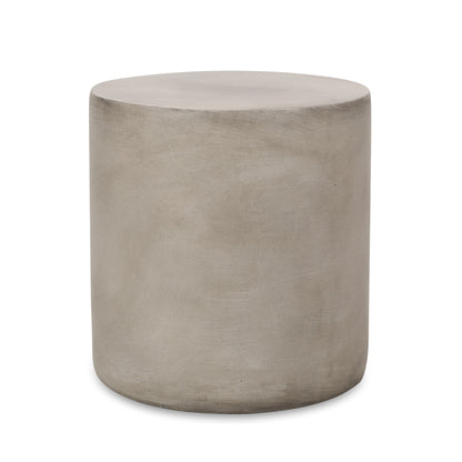 The Cylindrical Design Outdoor Lightweight Concrete Side Table features a simple, round shape in light gray with a smooth, undecorated surface, shown against a white background.