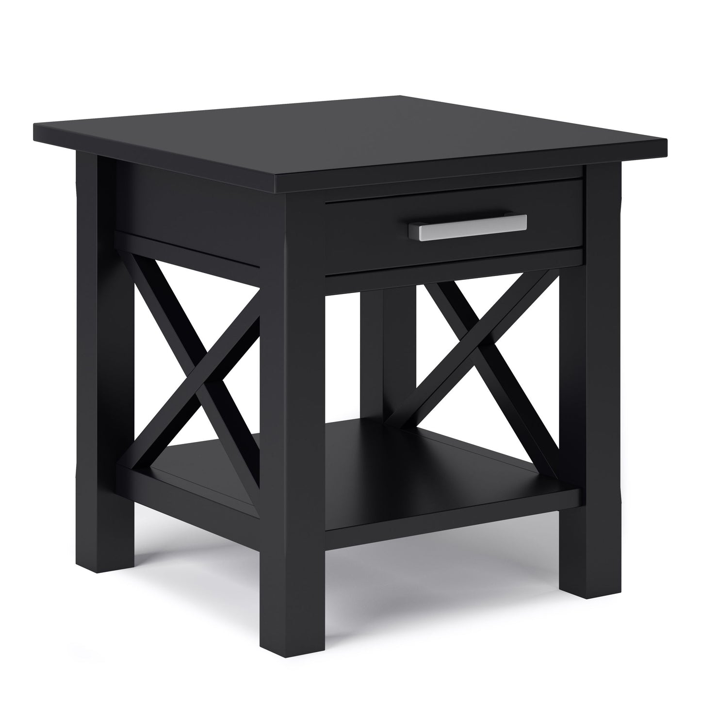 The Kitchener - Handcrafted Table is a black wooden end table featuring a single drawer with a silver handle, X-shaped side supports, and a lower shelf.