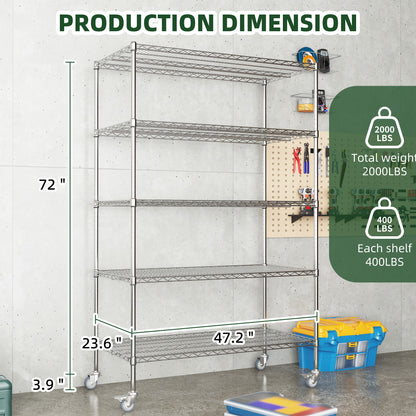 Heavy Duty Adjustable Shelving Unit, 5 Tier Wire Storage Shelves With Wheels - Brushed Nickel