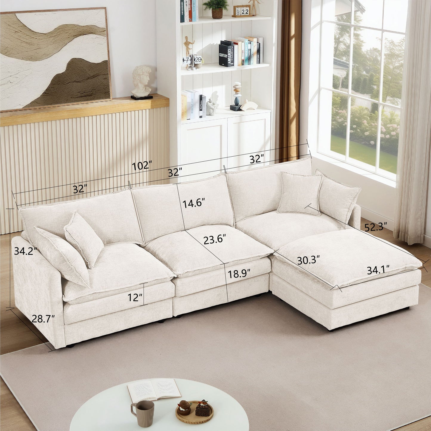 Modular L Shaped Sectional Sofa, 3 Seater Comfy Cloud Couch With Movable Ottoman