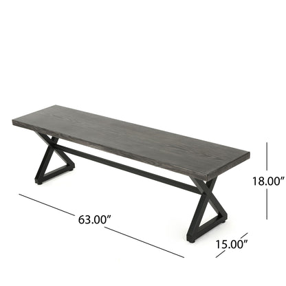 The Modern Aluminum Outdoor Dining Bench With X Base features a sleek design, measures 63"L x 15"D x 18"H, and showcases a contemporary look with durable construction. Measurement lines and labels highlight its dimensions.