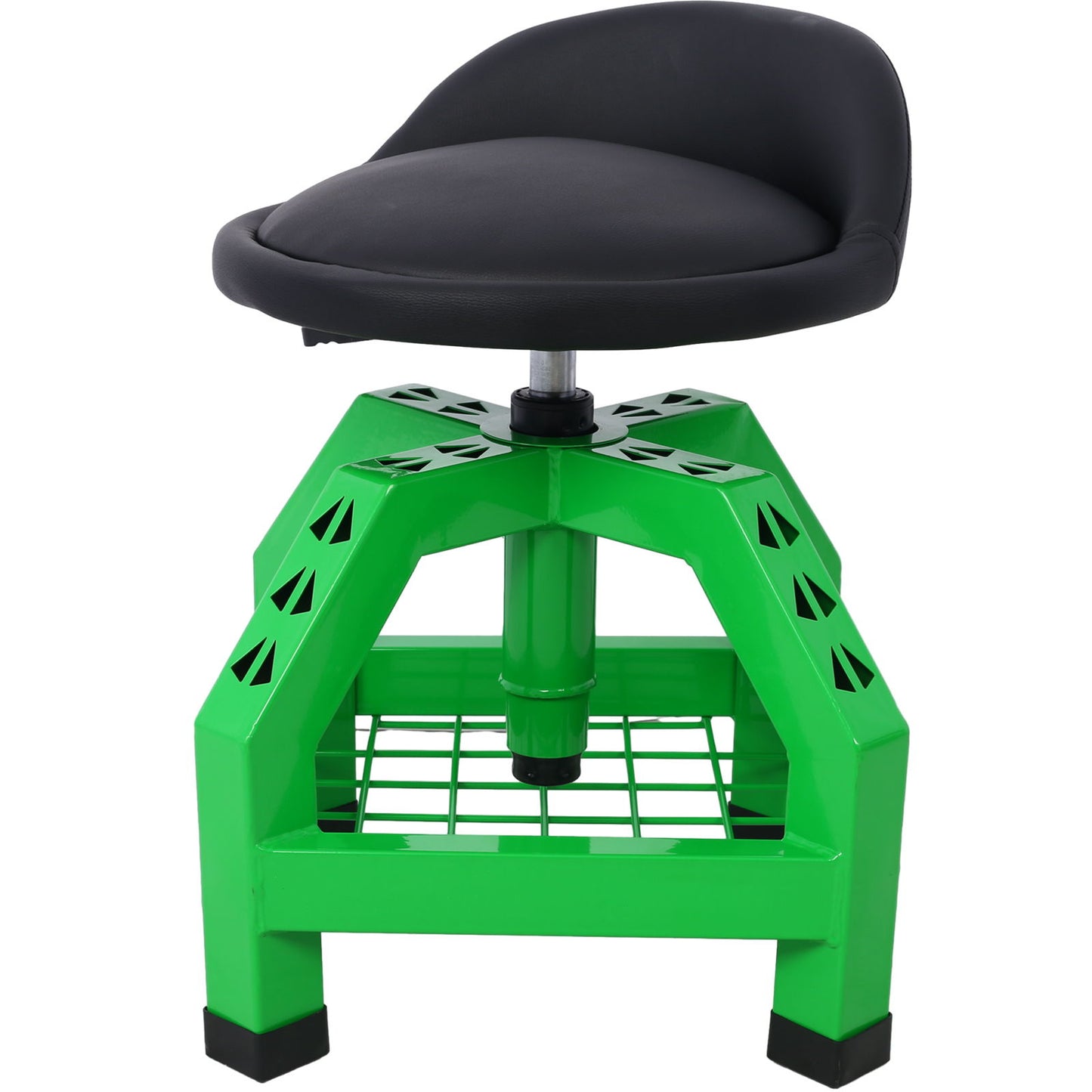 The Pneumatic 360 Degree Swivel Stool features a black cushioned seat, green geometric metal base with grid shelf and triangular cutouts, adjustable height, and heavy-duty casters—ideal as a rolling mechanics or shop stool.