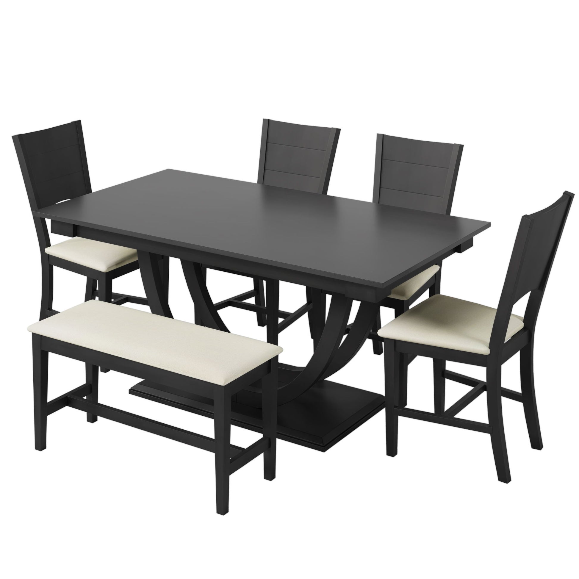 The Topmax 6 Piece Wood Half Round Dining Table Set includes a modern rectangular table, four chairs, and a long bench, all featuring cream-colored cushioned seats.