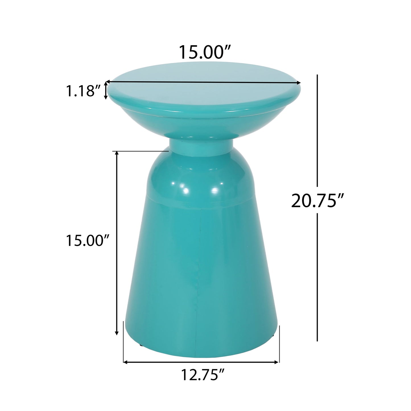 The Outdoor Modern Metal End Large Table features a turquoise finish, round top (15" diameter, 1.18" thick), stands 20.75" tall with a 12.75" base diameter; black dimension lines label all measurements.