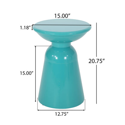 The Outdoor Modern Metal End Large Table features a turquoise finish, round top (15" diameter, 1.18" thick), stands 20.75" tall with a 12.75" base diameter; black dimension lines label all measurements.