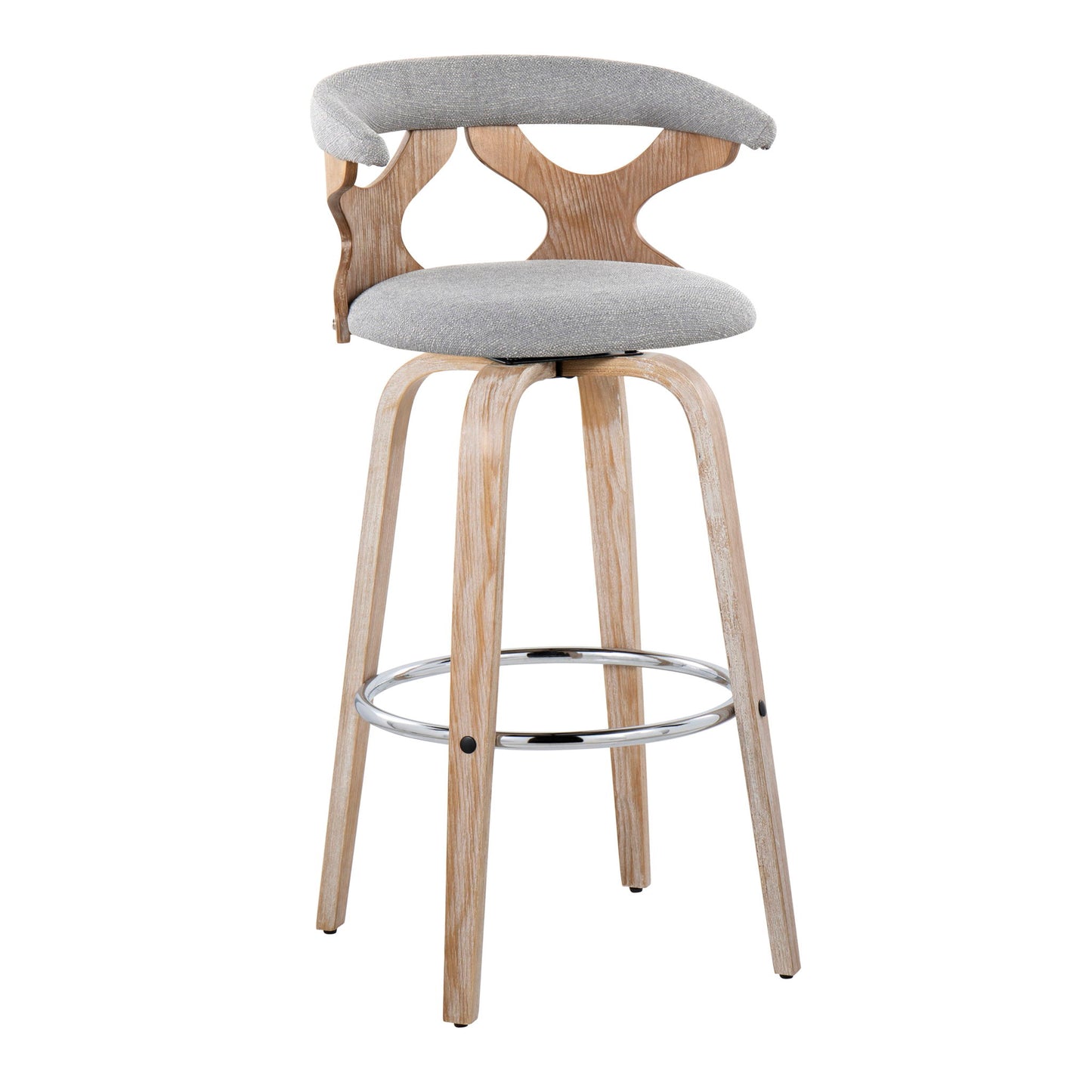The Gardenia Contemporary Fixed Height Barstool (Set of 2) features light wood legs, a round metal footrest, a cushioned gray seat, and a curved wooden backrest with an open decorative design.