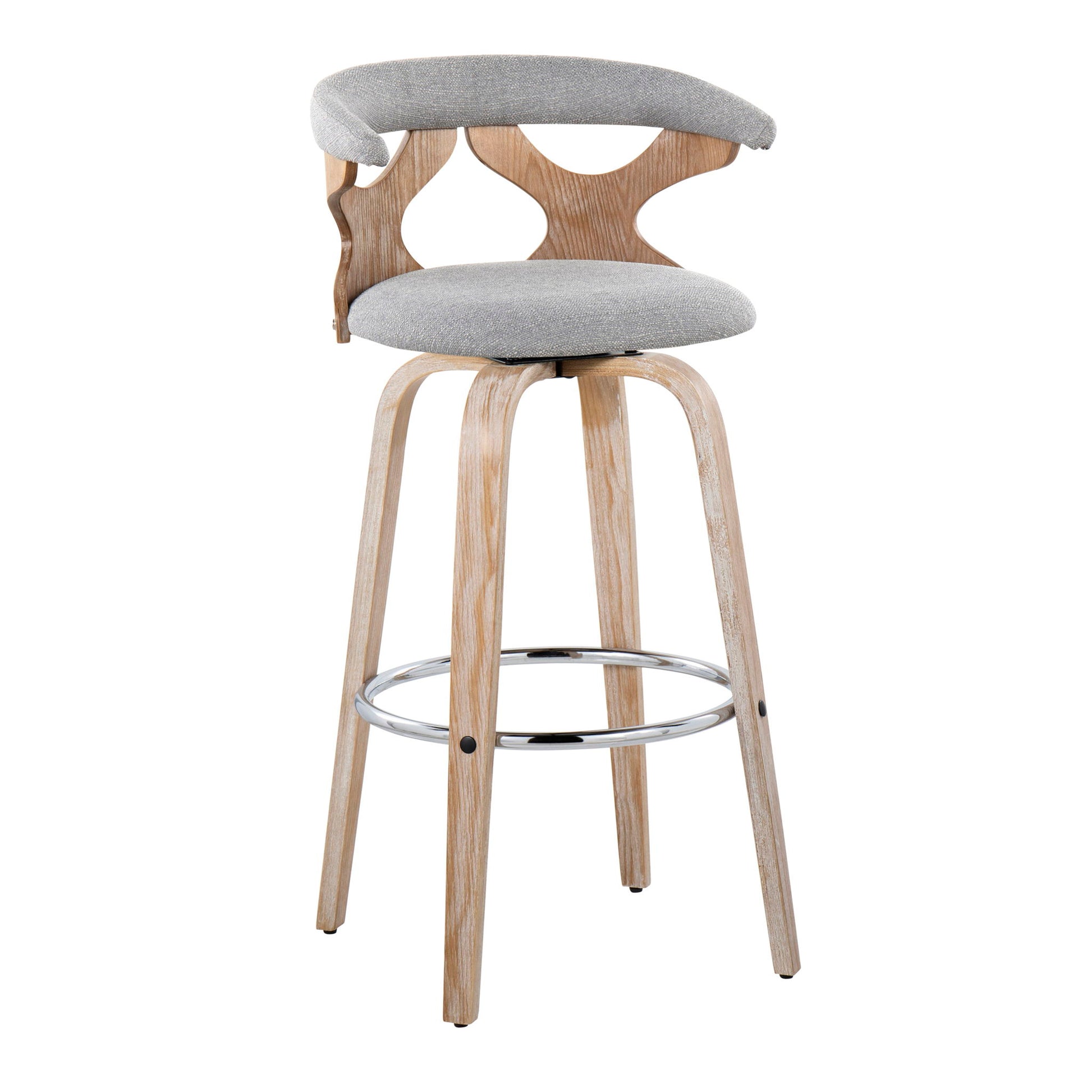 The Gardenia Contemporary Fixed Height Barstool (Set of 2) features light wood legs, a round metal footrest, a cushioned gray seat, and a curved wooden backrest with an open decorative design.