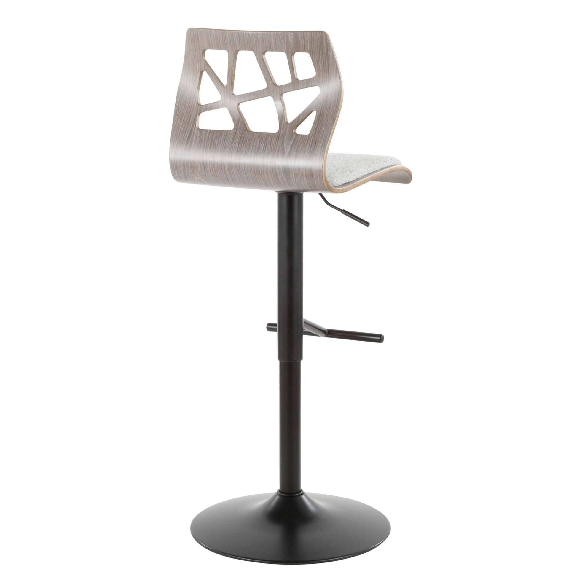 The Folia set of 3 mid-century modern adjustable barstools features black round bases, black stems, light wood seats with abstract cut-out backrests, swivel function, light gray padded cushions, and straight T footrests.
