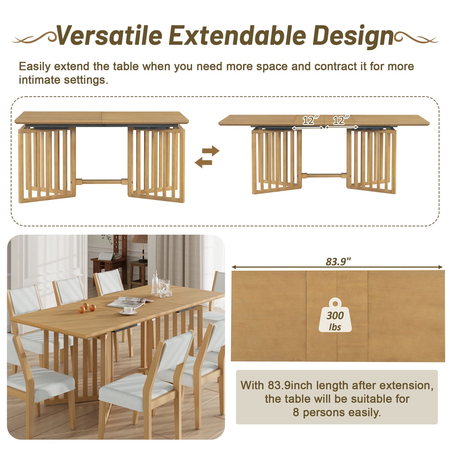The Topmax 9 Piece Farmhouse Extendable Dining Table Set features a wooden table with 2 removable leaves, seating up to 8. Diagram displays its extendable sections, 83.9" length, 300 lbs capacity, and the included 8 upholstered dining chairs around the table.