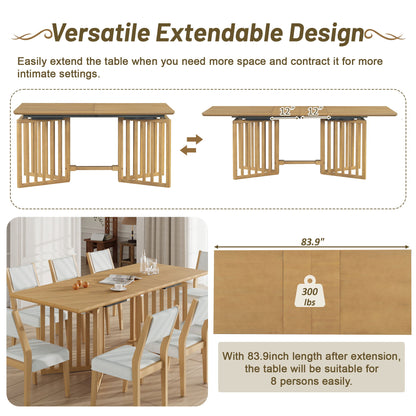 The Topmax 9 Piece Farmhouse Extendable Dining Table Set features a wooden table with 2 removable leaves, seating up to 8. Diagram displays its extendable sections, 83.9" length, 300 lbs capacity, and the included 8 upholstered dining chairs around the table.