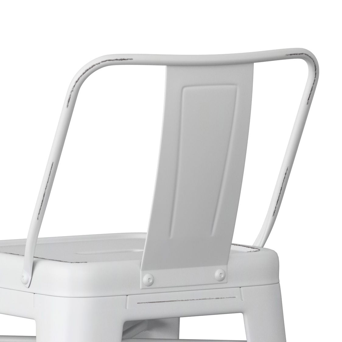 A close-up of the backrest and seat of the Rayne - Curved Back Metal Stool (Set of 2) in white, featuring a minimalist industrial design with slightly distressed edges.