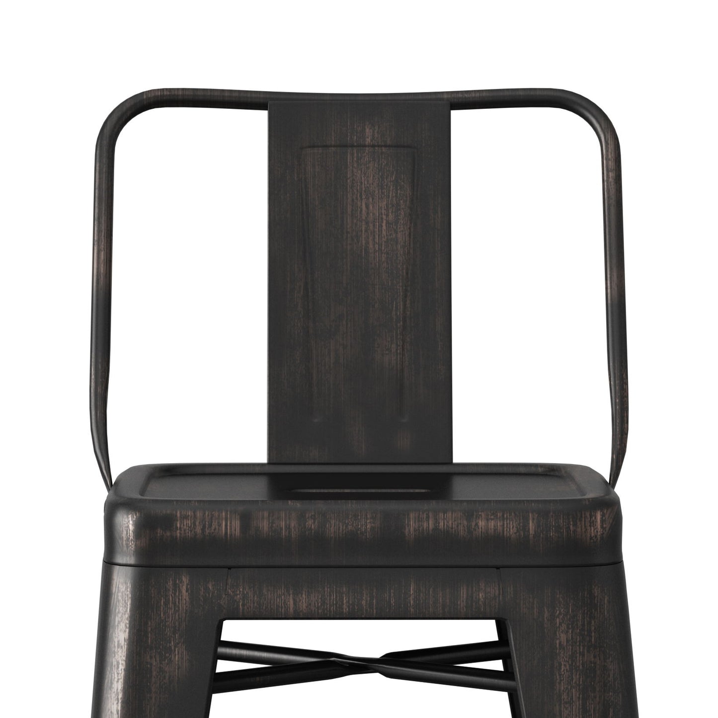 The Rayne Curved Back Metal Stool (Set of 2) features a black finish, rectangular backrest, square seat, and a simple industrial design with distressed details.