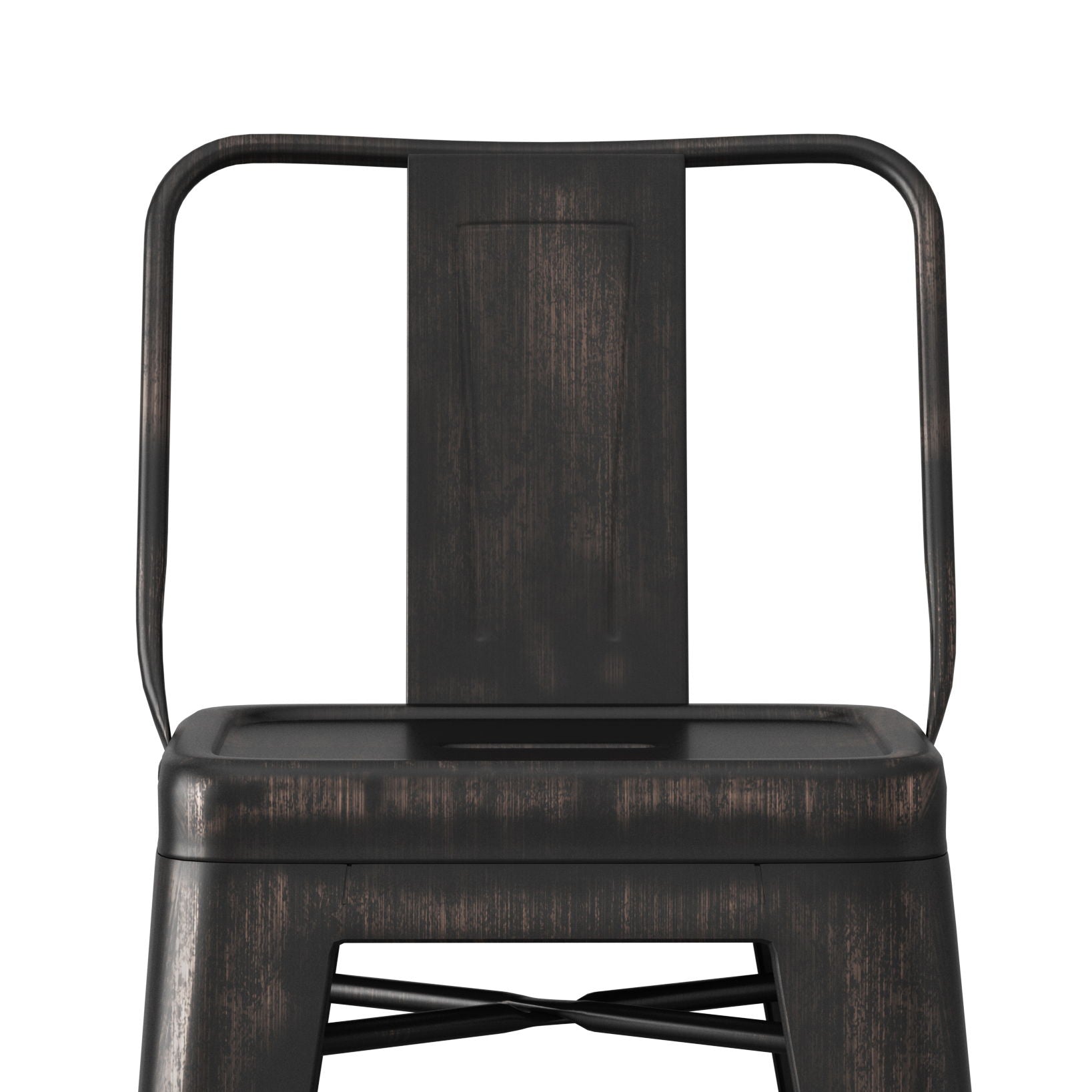 The Rayne Curved Back Metal Stool (Set of 2) features a black finish, rectangular backrest, square seat, and a simple industrial design with distressed details.