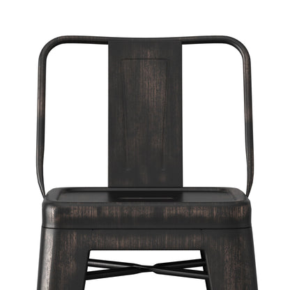 The Rayne Curved Back Metal Stool (Set of 2) features a black finish, rectangular backrest, square seat, and a simple industrial design with distressed details.