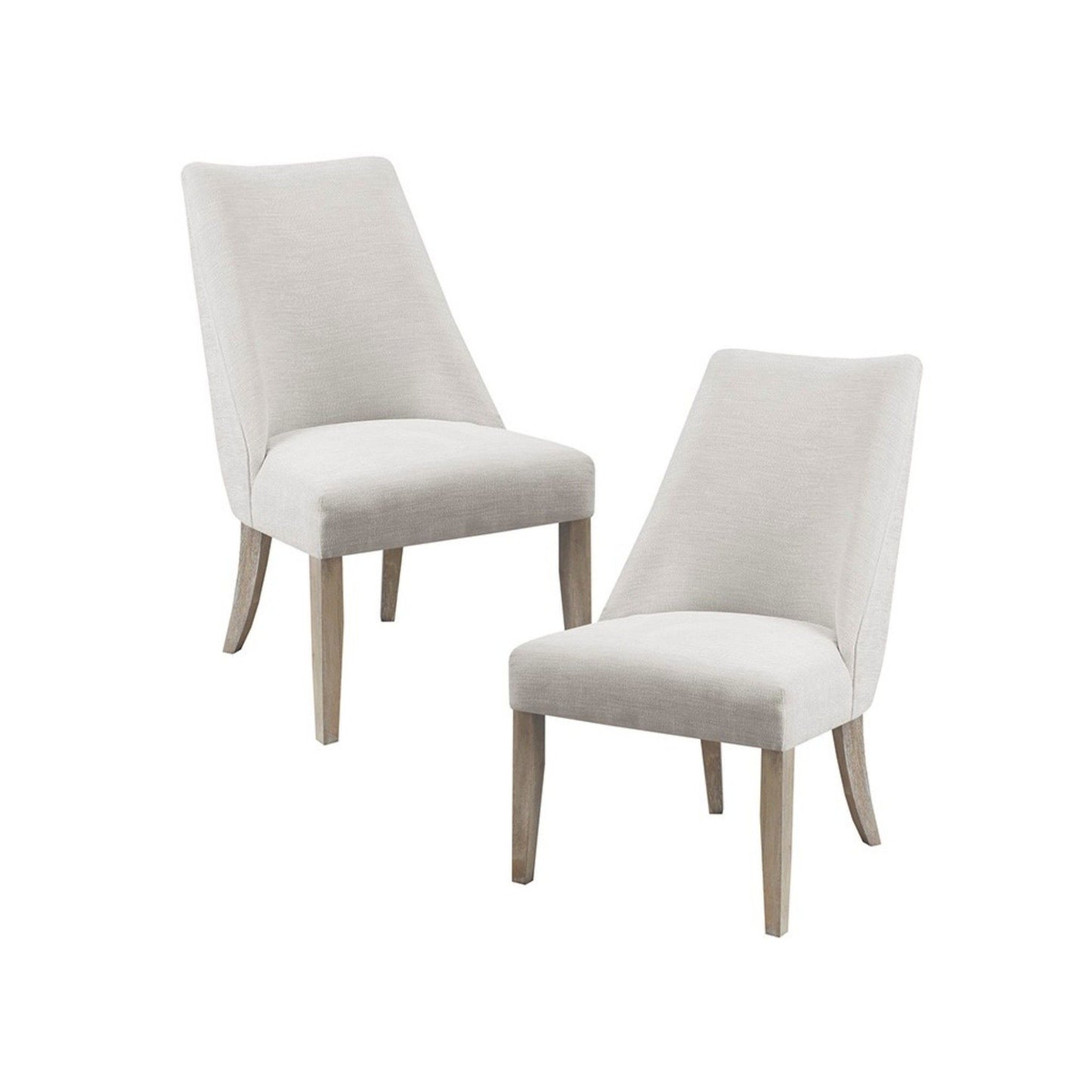 The Comfortable Dining Chair Upholstered (Set of 2) features two light beige high-back chairs with wooden legs, shown side by side on a white background.