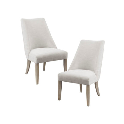 The Comfortable Dining Chair Upholstered (Set of 2) features two light beige high-back chairs with wooden legs, shown side by side on a white background.