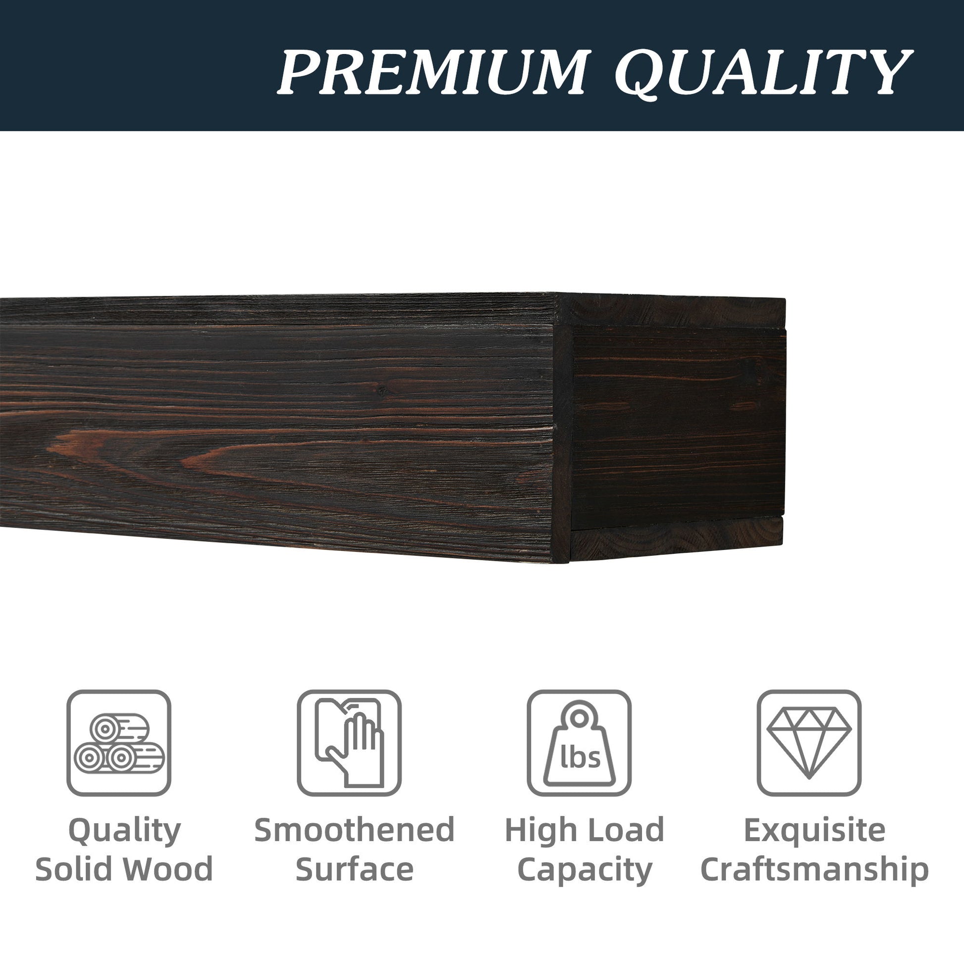 A Rustic Wood Fireplace Mantel is displayed under a "PREMIUM QUALITY" banner, with icons and text highlighting quality solid wood, smooth surface, high load capacity, and exquisite craftsmanship. Ideal as a wall-mounted floating shelf for home decor.