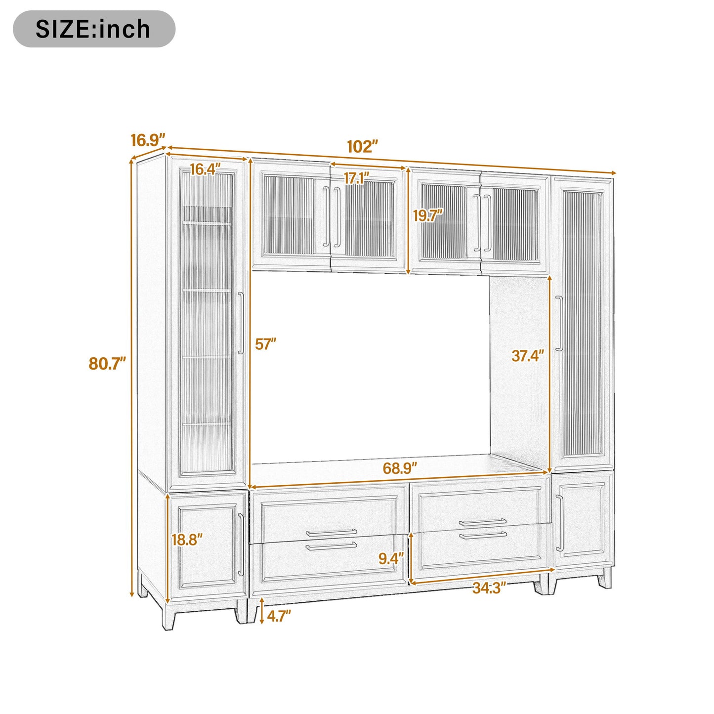Wall Unit Entertainment Center With Glass Doors For TVs Up To 75" With Drawers For Living Room - White