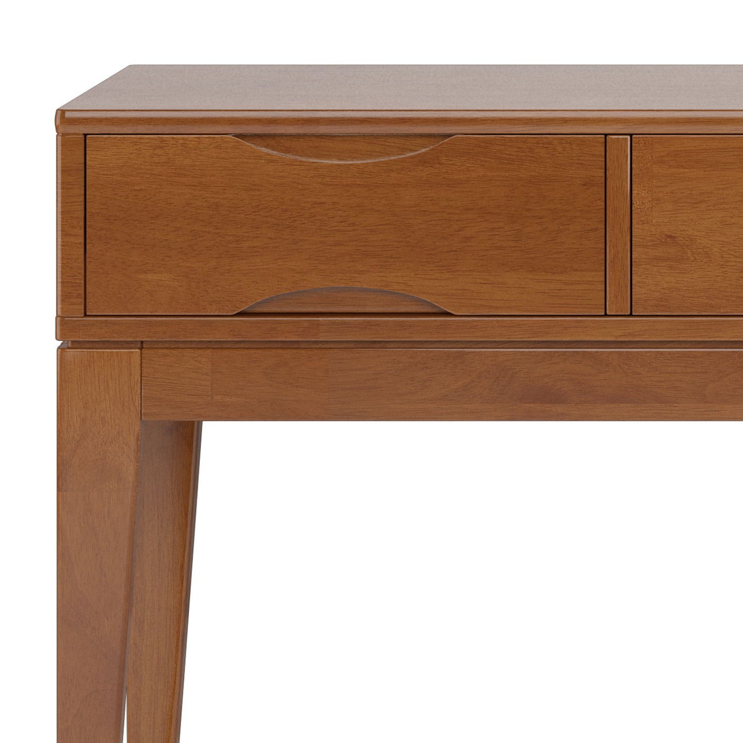 A close-up of the Harper - Handcrafted Console Sofa Table shows its smooth wooden finish, single drawer with a curved handle, and distinctive angled legs.