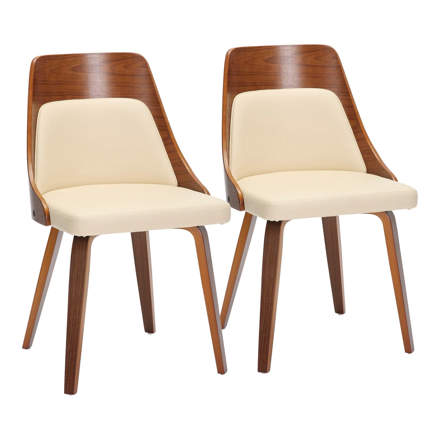 The Anabelle Mid-Century Modern Dining Chair set includes two chairs with curved wooden frames, beige cushioned seats and backs, rich brown finish, and four angled legs. The chairs are displayed side by side.