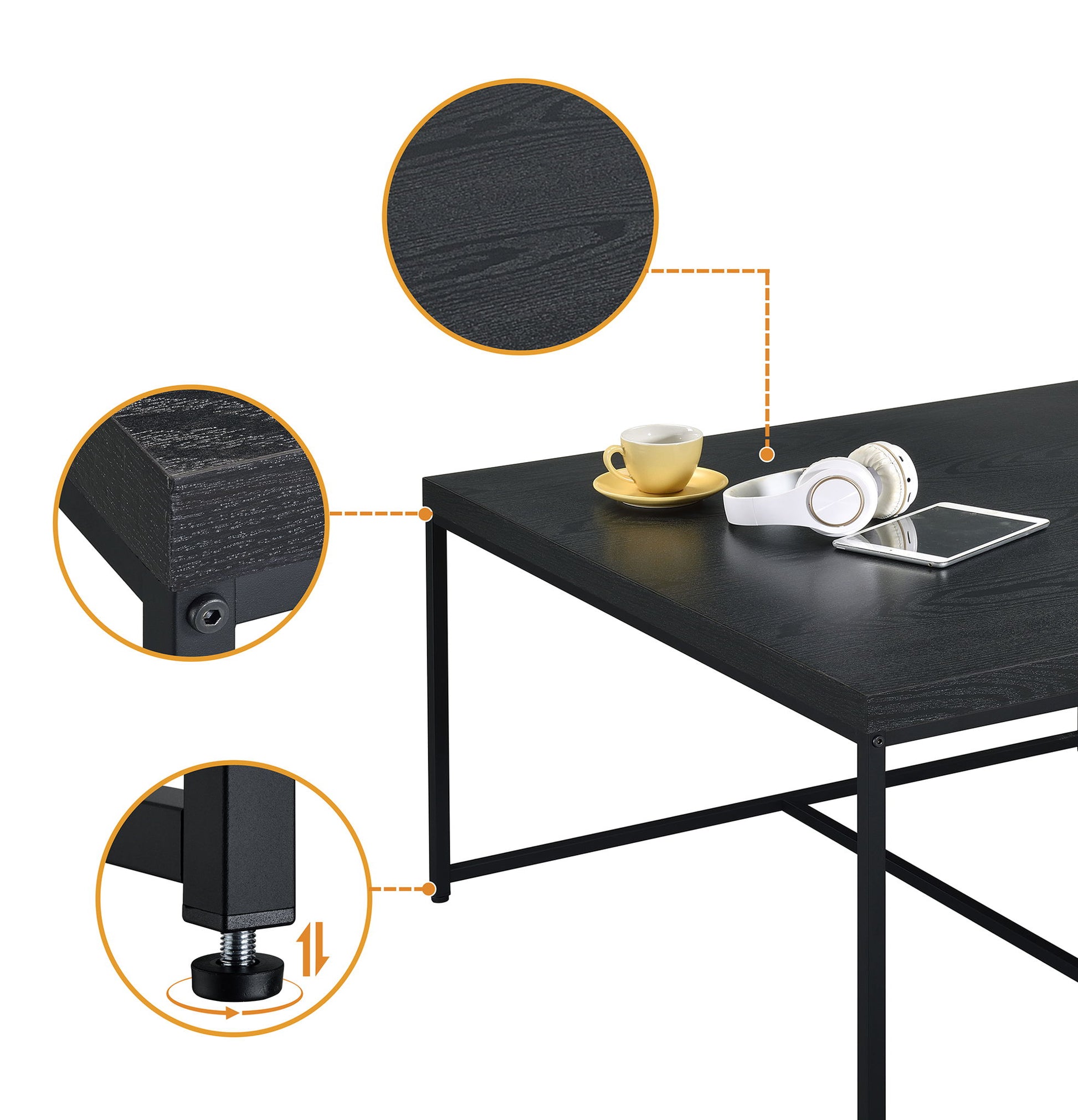 The Caitlin - Wood Grain 5 Piece Coffee Table features a black wood grain finish, sturdy metal frame, and adjustable feet. Shown with a yellow cup, white headphones, and tablet; insets display the textured top, corner detail, and leg adjustment.