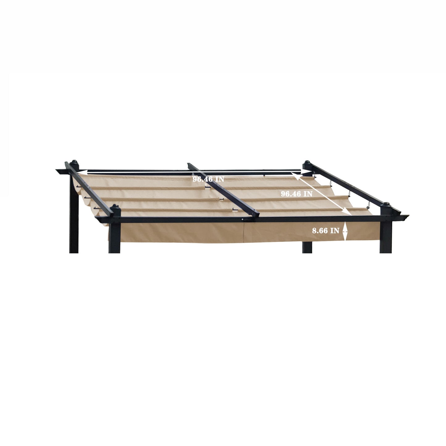 The Replacement Canopy Top Cover Fabric for Outdoor Patio Retractable Pergola fits a black metal frame and features a beige color, with dimensions of 96.46" length and heights of 8.46" and 8.66" at different points.