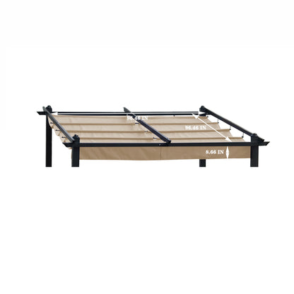 The Replacement Canopy Top Cover Fabric for Outdoor Patio Retractable Pergola fits a black metal frame and features a beige color, with dimensions of 96.46" length and heights of 8.46" and 8.66" at different points.
