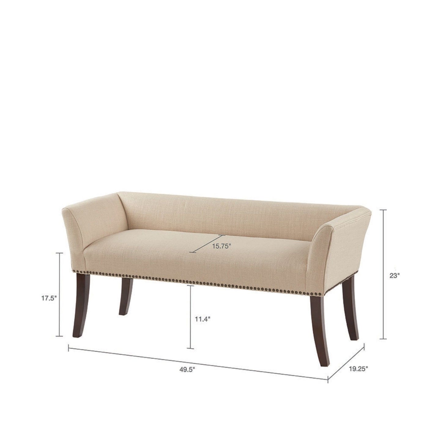 The Elegant Design Bench features beige upholstery, low arms, and dark solid wood legs. Dimensions: 49.5"W x 19.25"D x 23"H; seat height 17.5", seat depth 15.75", and seat clearance 11.4".