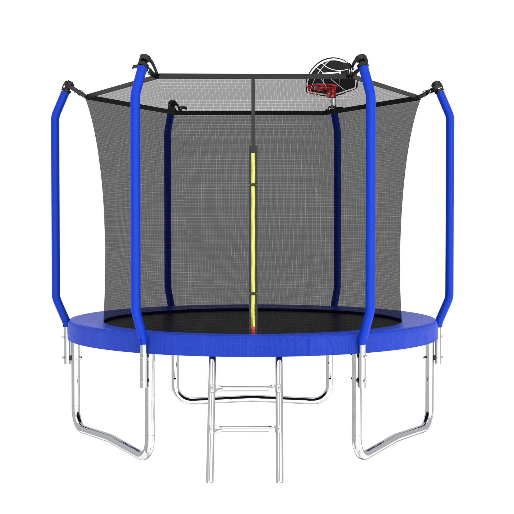 The Trampoline With Basketball Hoop is an ASTM approved outdoor round blue trampoline featuring a safety net enclosure, four upright poles, a small ladder, and a basketball hoop attached to the net.