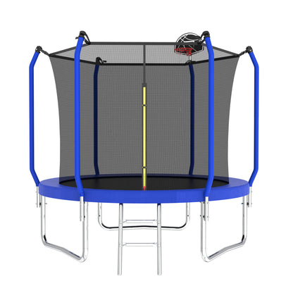 The Trampoline With Basketball Hoop is an ASTM approved outdoor round blue trampoline featuring a safety net enclosure, four upright poles, a small ladder, and a basketball hoop attached to the net.