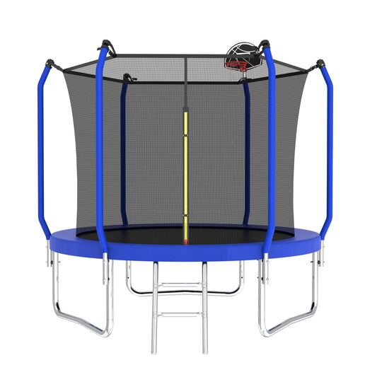 The Trampoline With Basketball Hoop is an ASTM approved outdoor round blue trampoline featuring a safety net enclosure, four upright poles, a small ladder, and a basketball hoop attached to the net.
