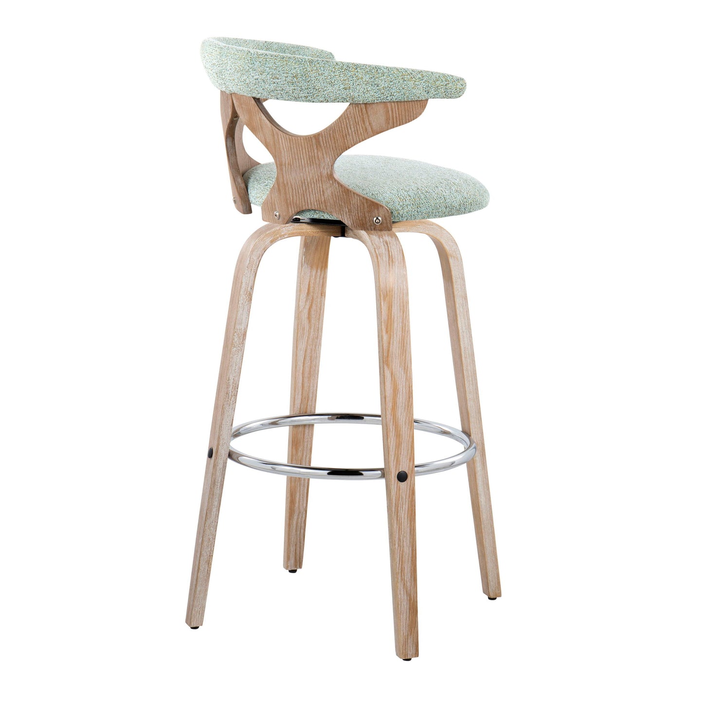 The Gardenia - Contemporary Fixed Height Barstool With Swivel (Set of 2) features light wood legs, a circular metal footrest, green upholstered seat and backrest, and a curved open-back design with smooth modern lines.