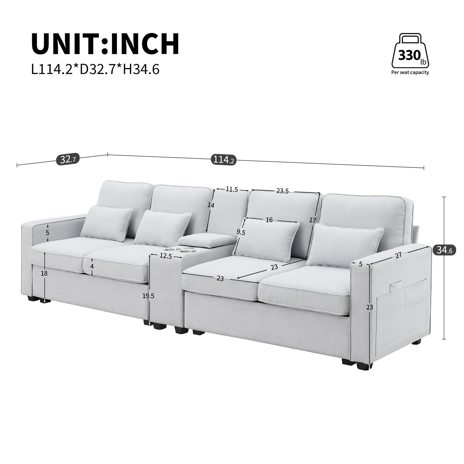 Modern light gray 4-seat upholstered sofa with center console, 2 cupholders, 2 USB ports for wired/wireless charging, side pockets, removable cushions, and 4 pillows. Dimensions: 114.2"W x 32.7"D x 34.6"H.