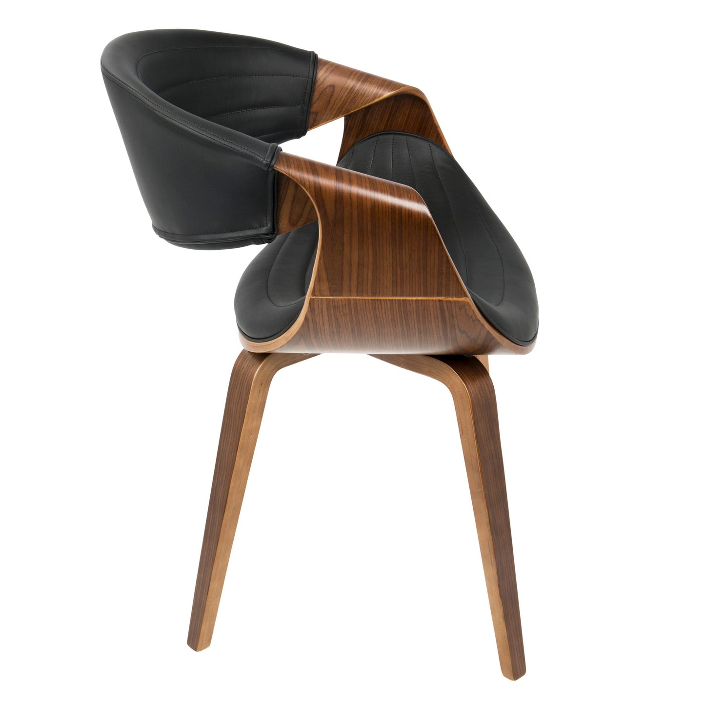 The Symphony - Mid Century Modern Dining Chair features a curved wooden frame with a black leather seat and backrest, sleek minimalist lines, and angled wooden legs.