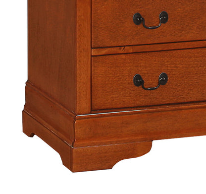 Close-up of the bottom corner of the Elegant Traditional Armoire, showcasing two drawers with dark metal handles and a warm brown finish.