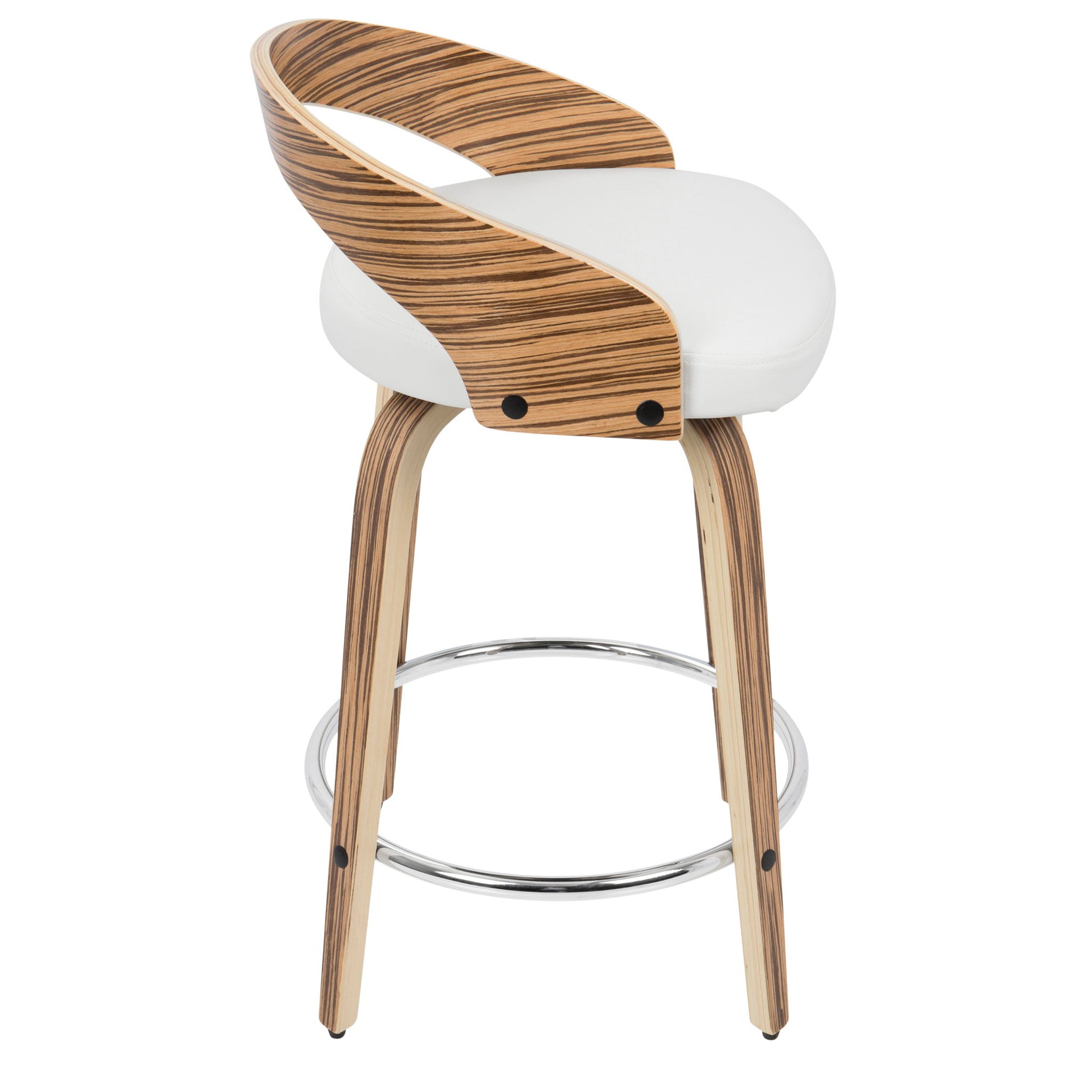 The Grotto Counter Stool set features light wood grain legs and backrest, a white cushioned seat, curved wooden back, chrome round footrest, and sleek contemporary design. Fixed height and swivel functionality included. Set of 2.