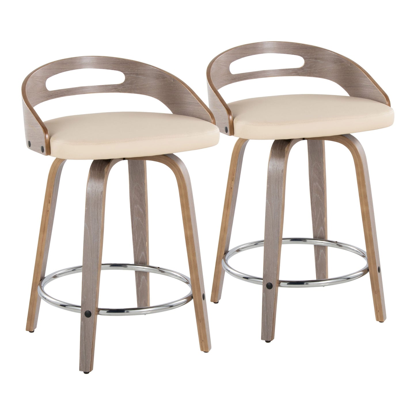 The Cassis set includes two mid-century modern fixed-height counter stools with swivel, light wood frames, curved backrests with cutout handles, beige cushioned seats, and round metal footrests on splayed legs.