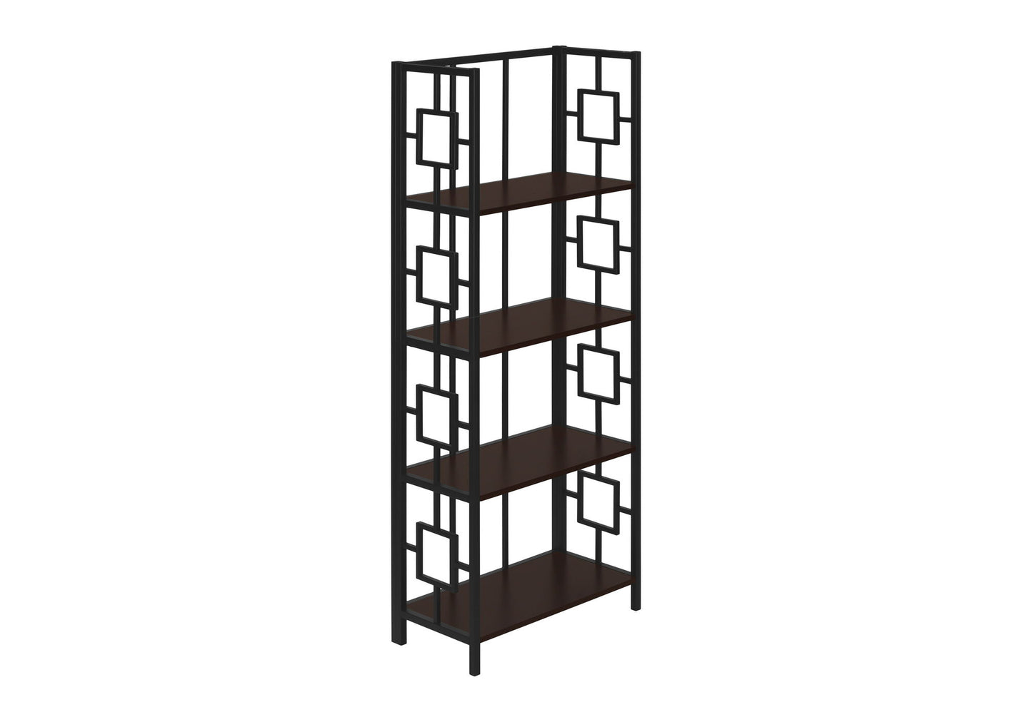A contemporary 4-tier espresso bookcase with a black metal frame and geometric side patterns, perfect for office use, shown against a white background.