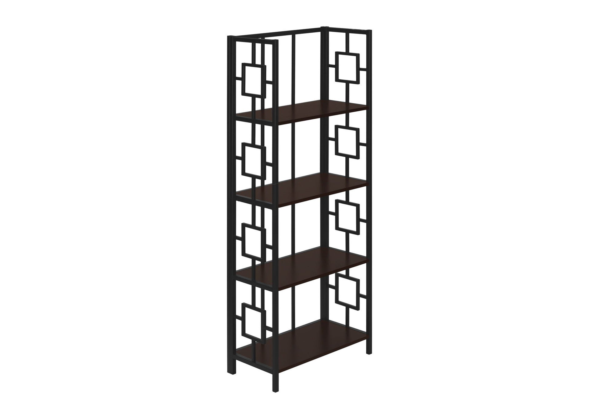 A contemporary 4-tier espresso bookcase with a black metal frame and geometric side patterns, perfect for office use, shown against a white background.