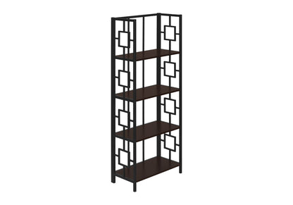 A contemporary 4-tier espresso bookcase with a black metal frame and geometric side patterns, perfect for office use, shown against a white background.