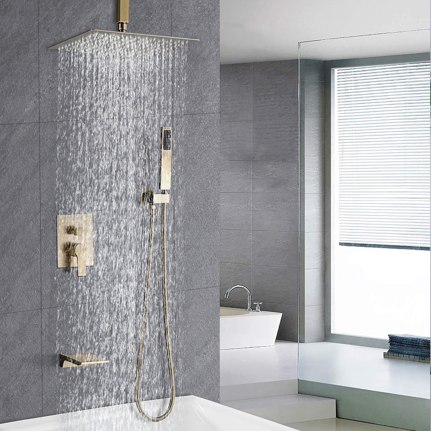 Elegant Shower System High Pressure Rainfall Shower Head With Handheld Spray Stainless Steel - Brushed Gold