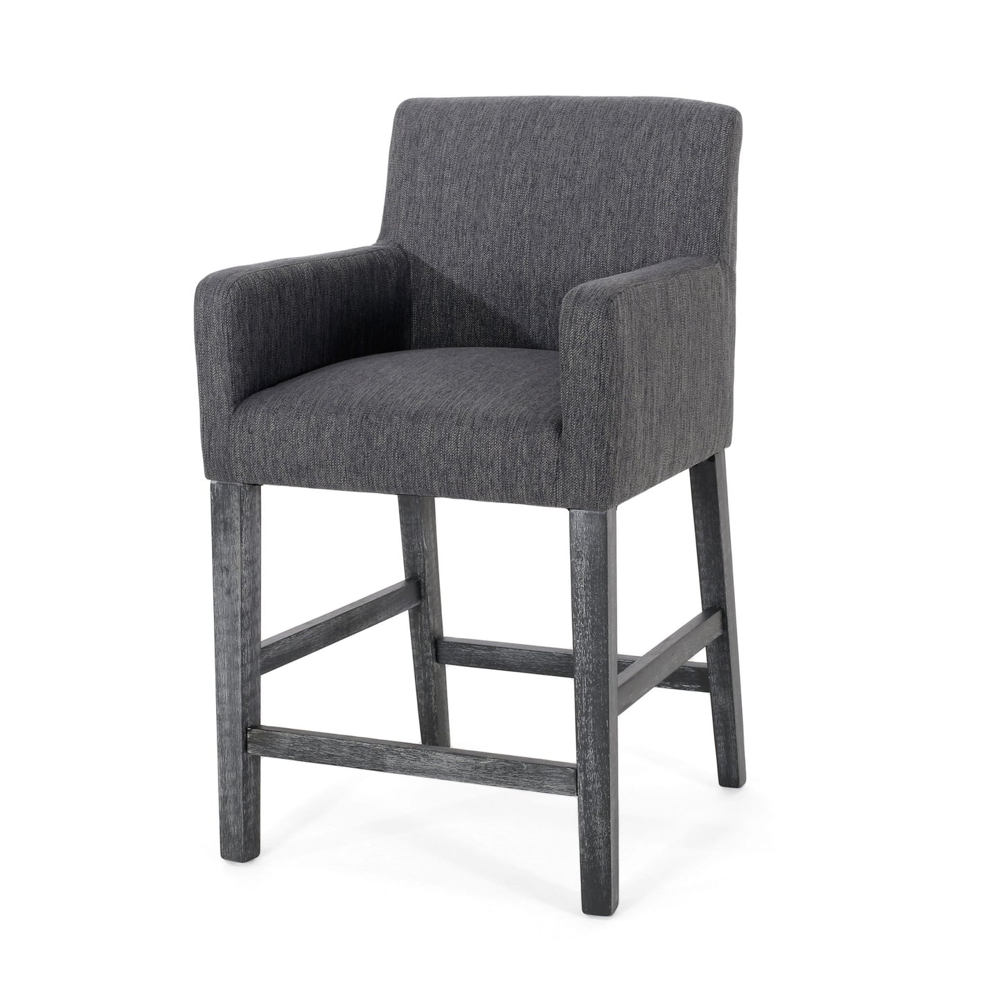 The Serenitia - Upholstered Counter Chair With Straight Arm features a modern dark gray upholstered seat, back, and arms, complemented by wooden legs and footrests in a matching dark finish for a simple, contemporary look.