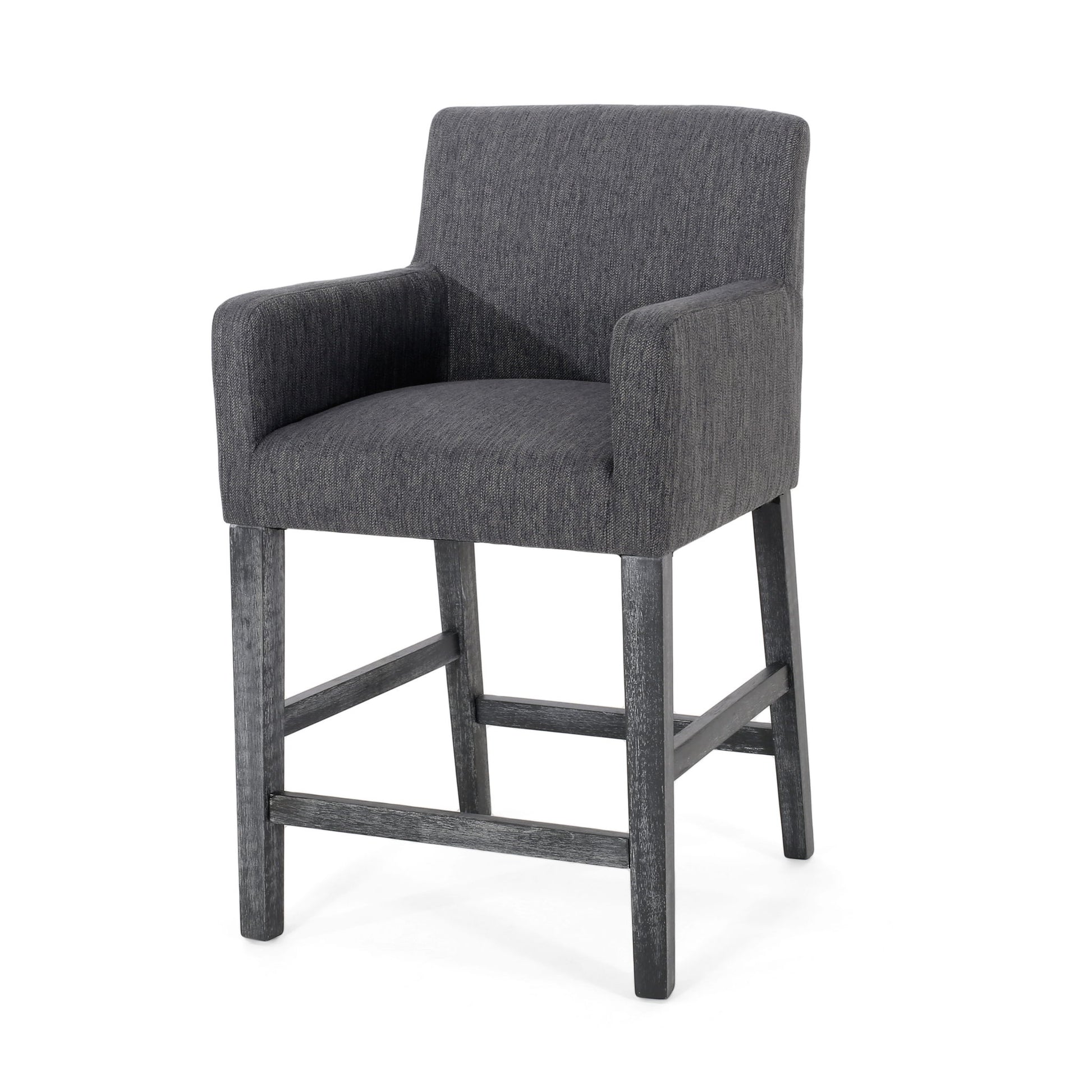 The Serenitia - Upholstered Counter Chair With Straight Arm features a modern dark gray upholstered seat, back, and arms, complemented by wooden legs and footrests in a matching dark finish for a simple, contemporary look.