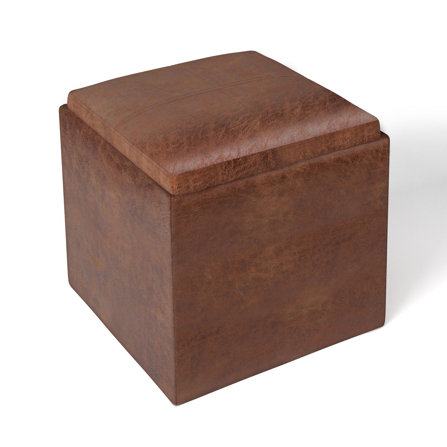 The Rockwood Upholstered Cube Storage Ottoman With Tray features a brown leather finish, square shape, visible stitching, cushioned top, and is photographed against a white background.
