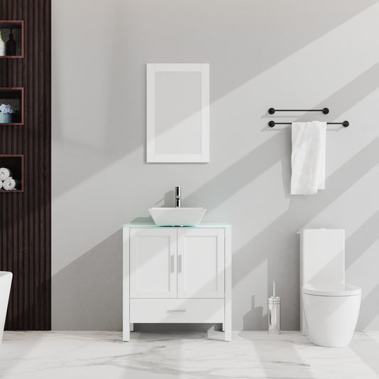 A modern bathroom features the Bathroom Vanity And Sink Combo Glass Top Cabinet With Mirror, a white toilet, towel rack with towel, marble floor, recessed shelves with decor on the left, and sunlight casting shadows across the wall.