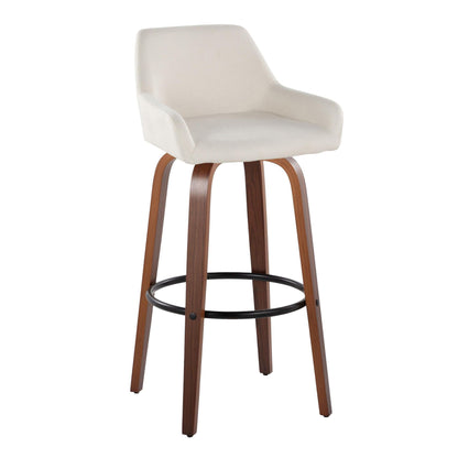 The Daniella Barstool set features a contemporary fixed-height design with white cushioned seats, low backrests, wooden legs, and round black metal footrests. Comes as a set of 2 and includes a swivel function for added comfort.