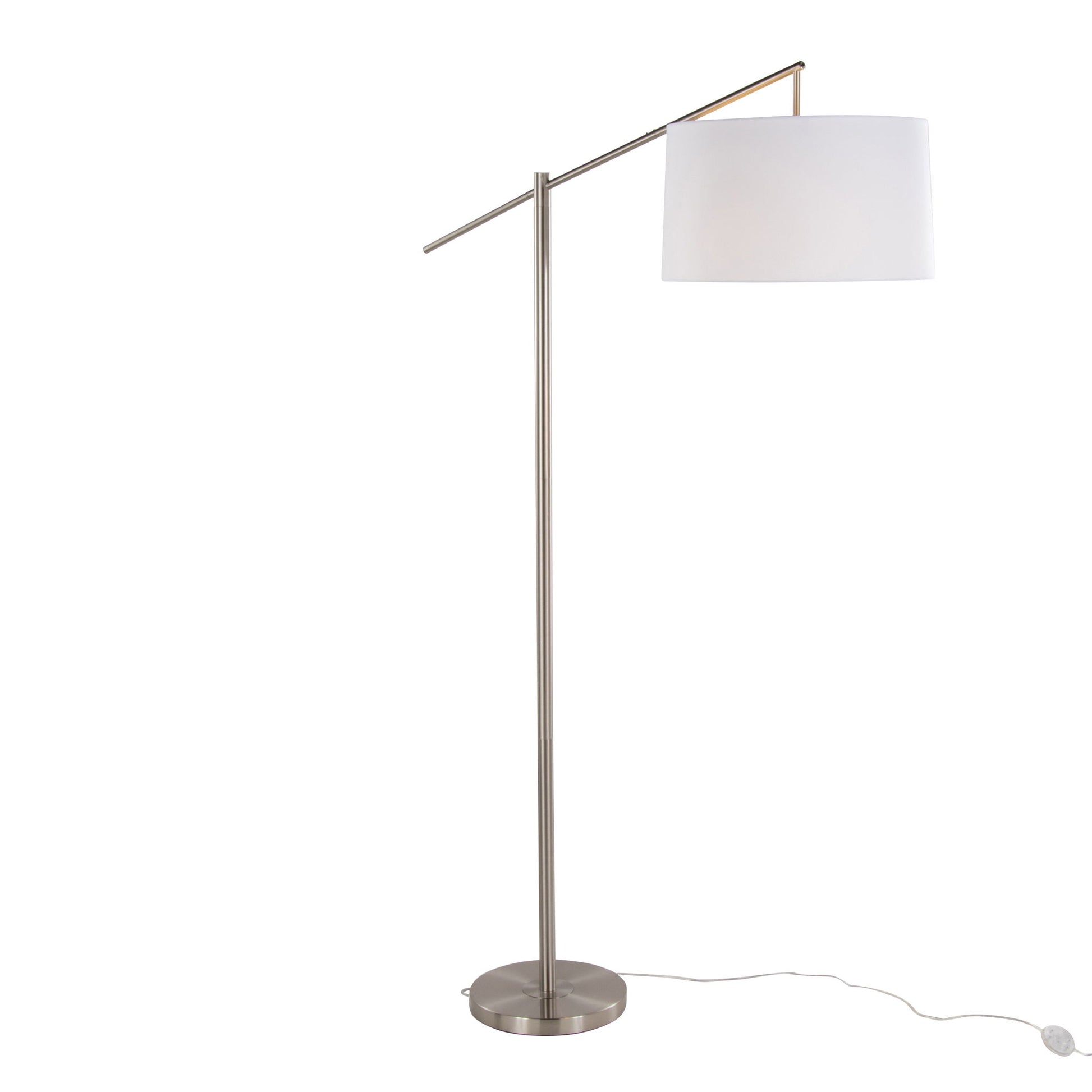 The Casper - Contemporary Floor Lamp features a brushed metal stand, round base, angled arm, and large white drum lampshade. A white power cord extends from the base for convenient placement.