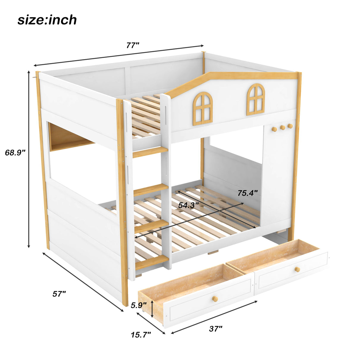 Bunk Bed With House Shaped Guardrails, Storage Shelves, And Trundle