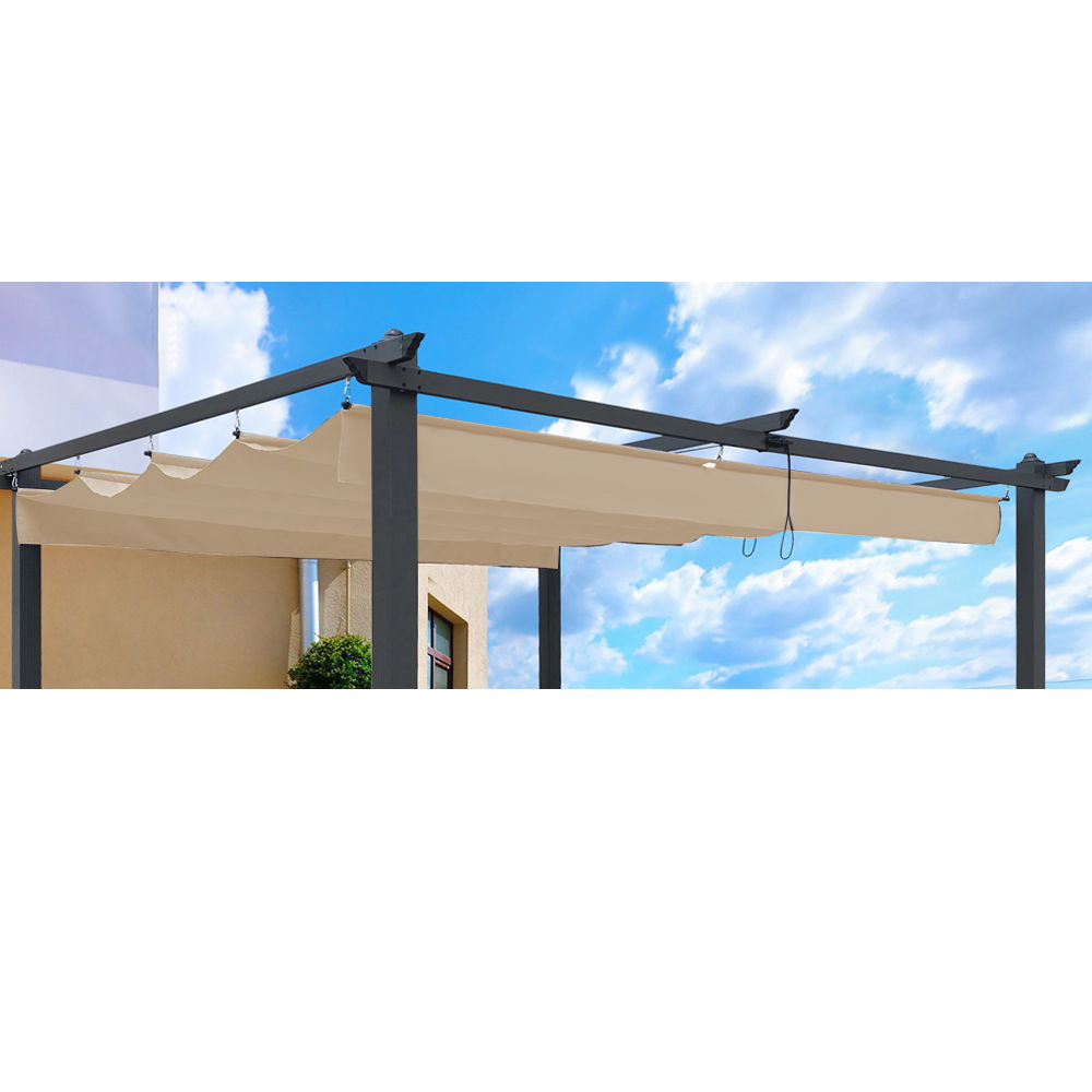 The Replacement Canopy Top Cover Fabric for Outdoor Patio Retractable Pergola Sun-Shelter Canopy is shown in beige, installed against a blue sky with clouds, near part of a building with windows and a potted plant.