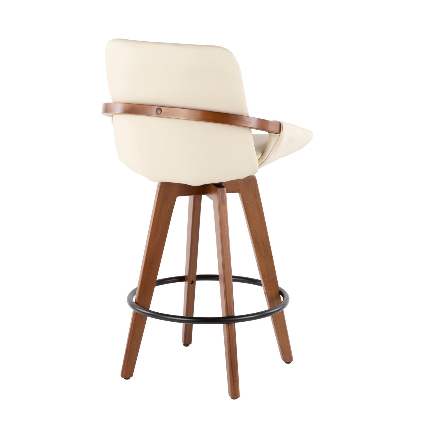 The Cosmo - Mid Century Counter Stool features a cream cushioned seat and backrest, wooden legs, a round wooden accent on the back, and a black metal footrest for modern style and comfort.